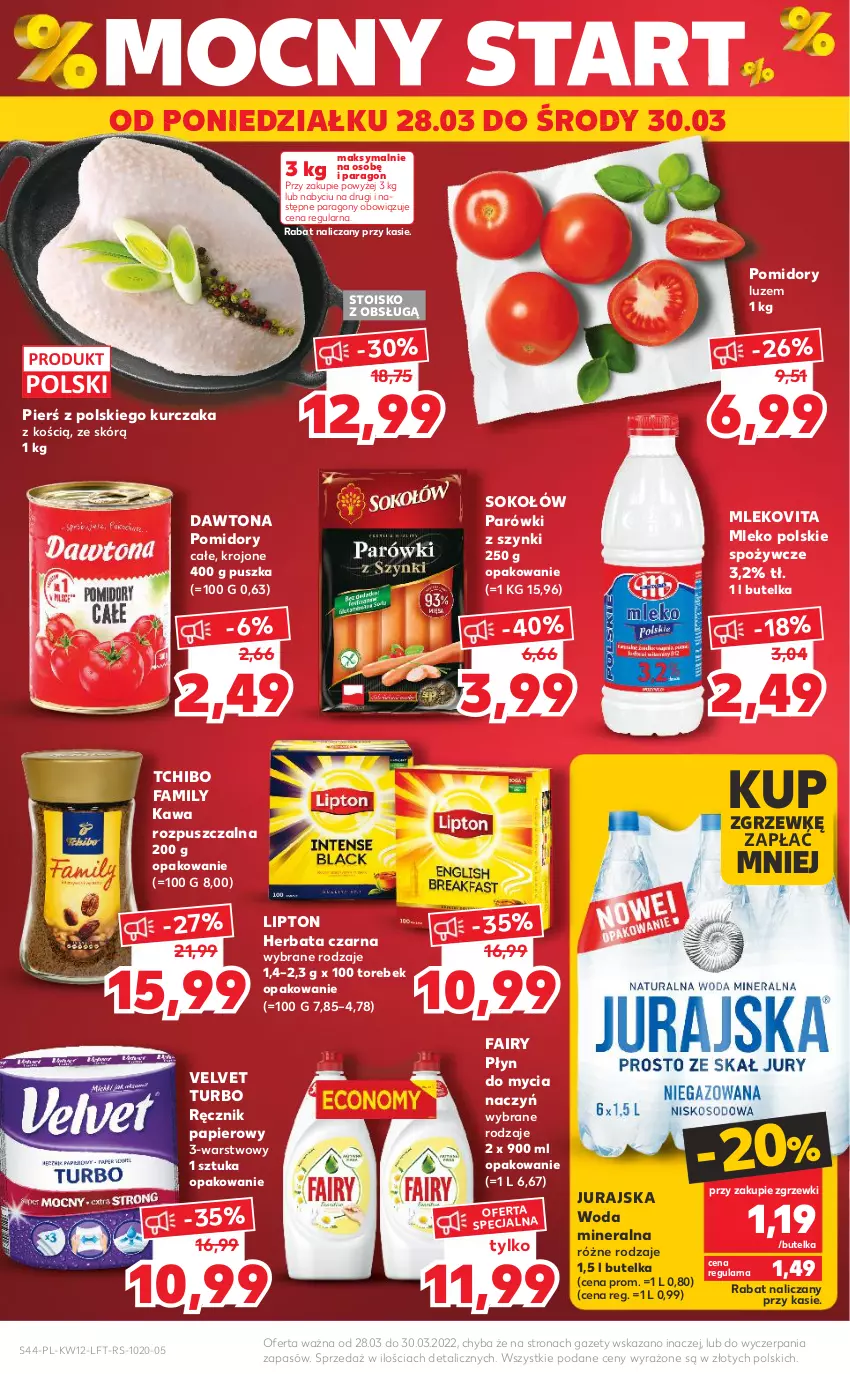 Gazetka promocyjna Kaufland - OFERTA TYGODNIA - ważna 24.03 do 30.03.2022 - strona 44 - produkty: Dawtona, Do mycia naczyń, Fa, Fairy, Herbata, Herbata czarna, Kawa, Kawa rozpuszczalna, Kurczak, Lipton, Mleko, Mlekovita, Papier, Parówki, Parówki z szynki, Płyn do mycia, Płyn do mycia naczyń, Pomidory, Ręcznik, Sok, Sokołów, Tchibo, Tchibo Family, Velvet, Woda, Woda mineralna