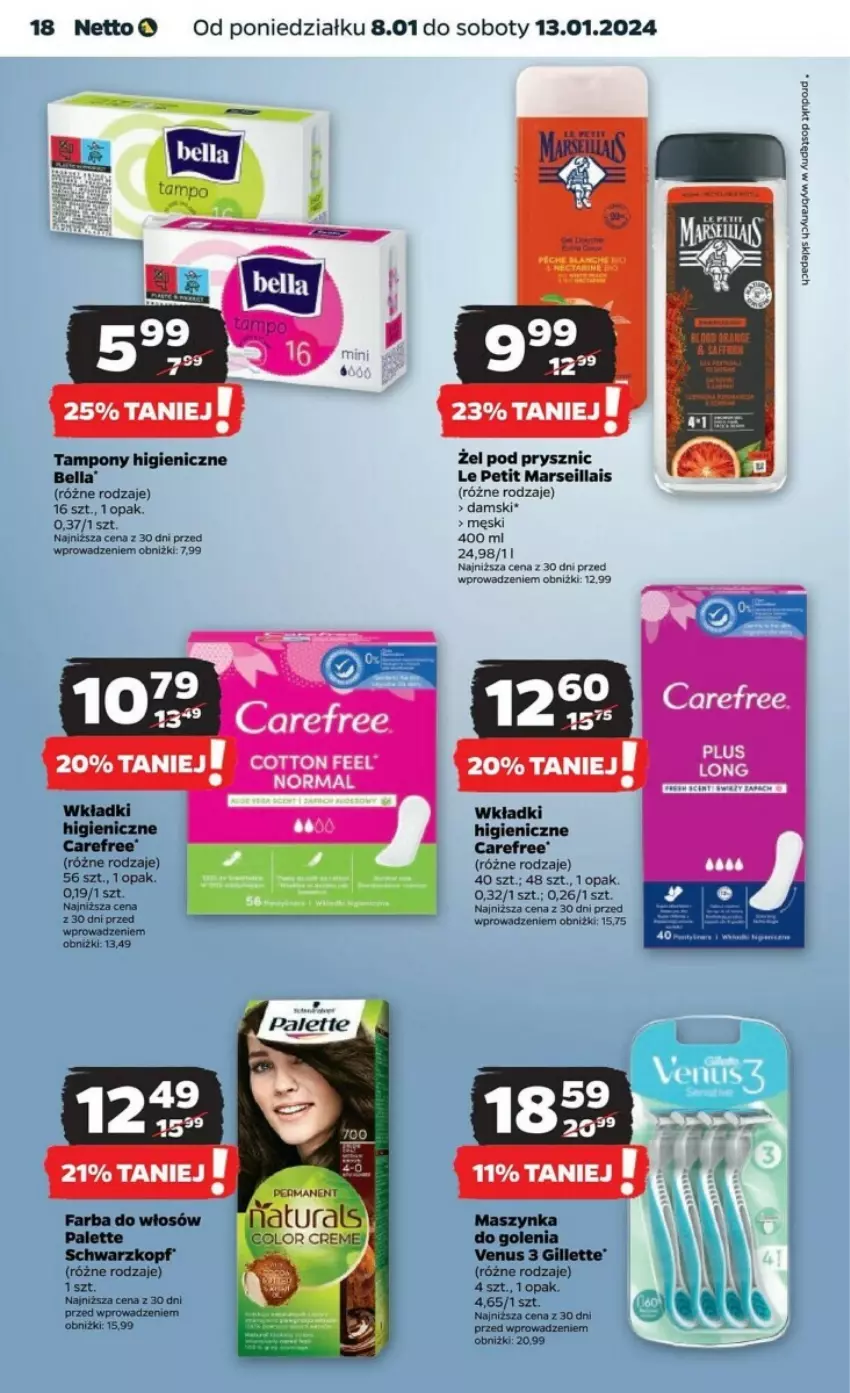 Gazetka promocyjna Netto - ważna 08.01 do 13.01.2024 - strona 10 - produkty: Bell, Bella, Carefree, Gillette, Mars, Palette, Schwarzkopf, Tampony, Venus, Wkładki