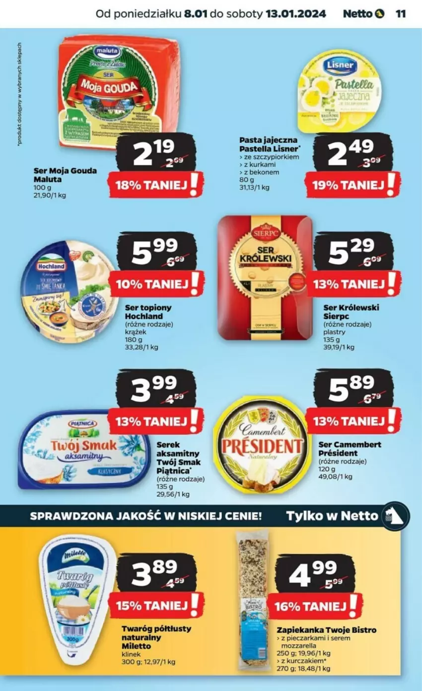 Gazetka promocyjna Netto - ważna 08.01 do 13.01.2024 - strona 3 - produkty: Beko, Camembert, Gouda, Hochland, Królewski, Kurczak, Lisner, Mozzarella, Pastella, Piec, Pieczarka, Ser, Twaróg, Twaróg półtłusty, Zapiekanka