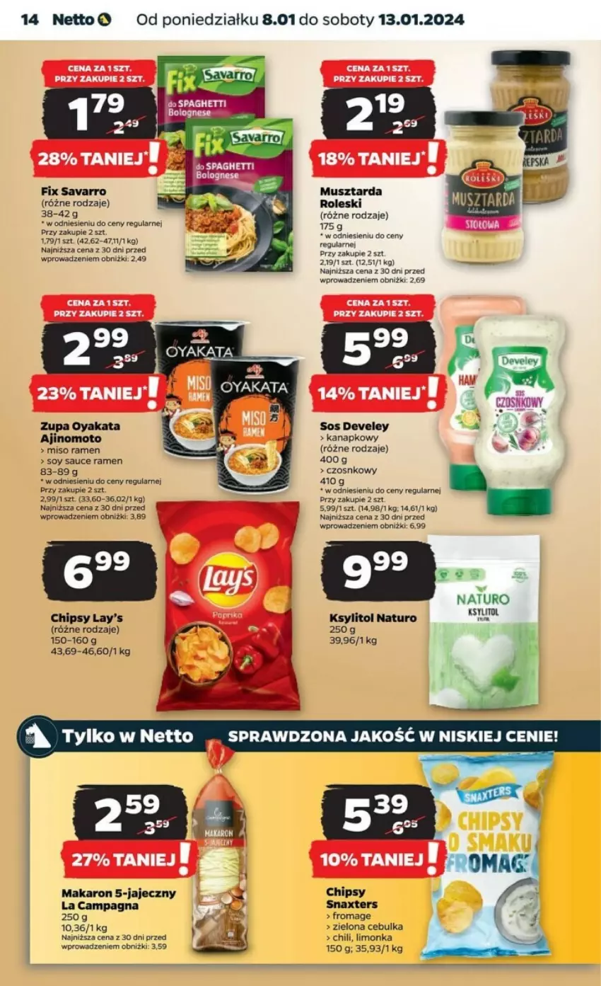 Gazetka promocyjna Netto - ważna 08.01 do 13.01.2024 - strona 6 - produkty: Chipsy, Ksylitol, Limonka, Makaron, Mus, Musztarda, Savarro, Sos