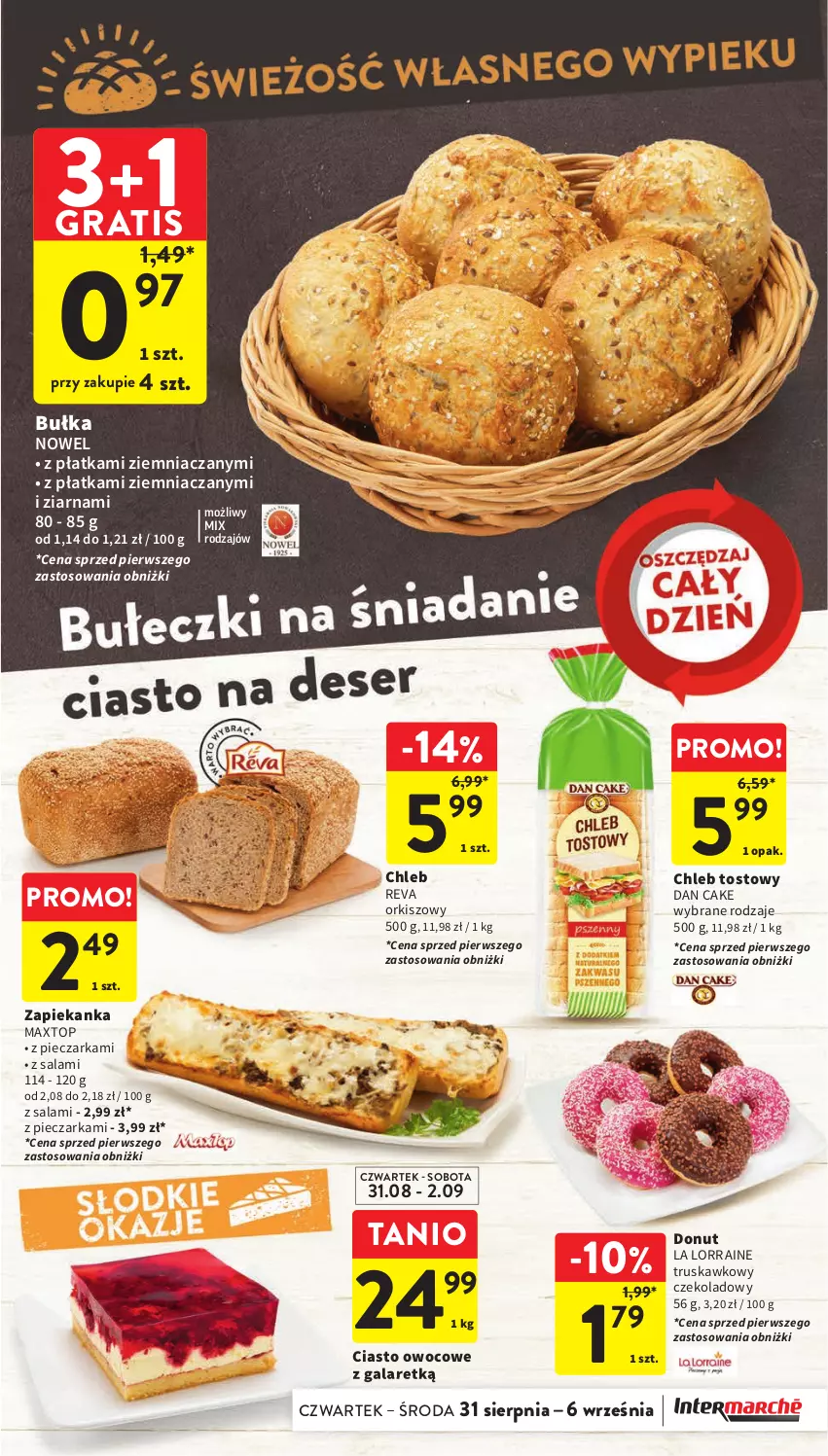 Gazetka promocyjna Intermarche - Gazetka Intermarche - ważna 31.08 do 06.09.2023 - strona 19 - produkty: Bułka, Chleb, Chleb tostowy, Dan Cake, Donut, Gala, Gra, Piec, Pieczarka, Salami, Top, Zapiekanka