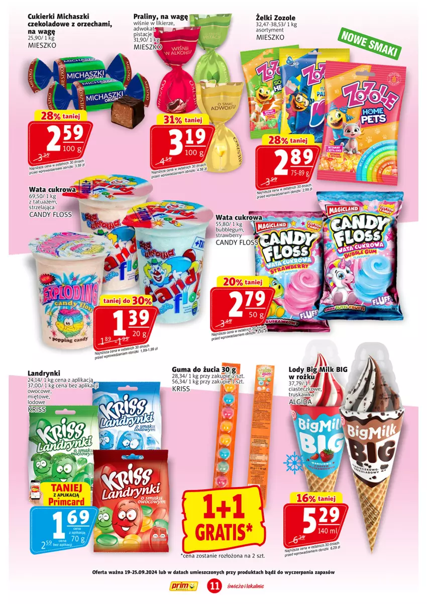 Gazetka promocyjna Prim Market - ważna 19.09 do 25.09.2024 - strona 11 - produkty: Big Milk, Candy, Cukier, Cukierki, Guma do żucia, Likier, Lody, Pistacje, Praliny