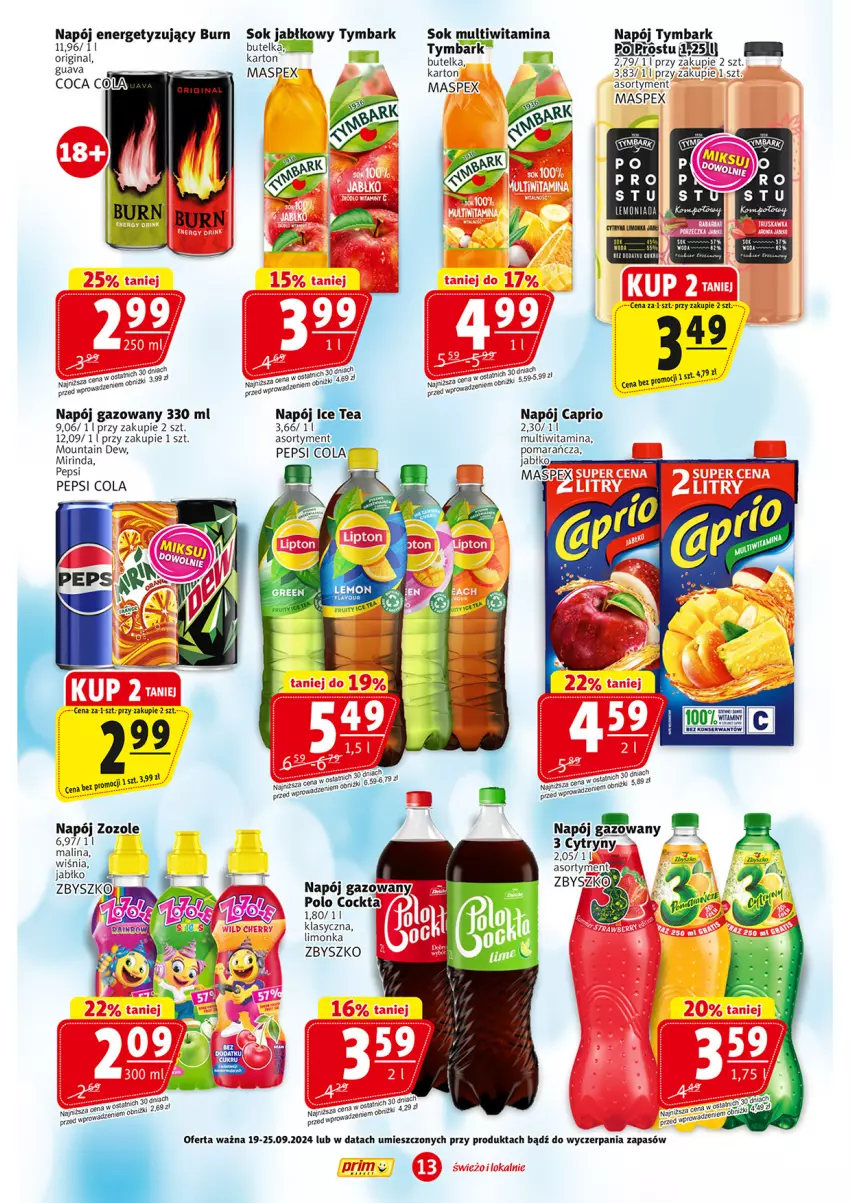 Gazetka promocyjna Prim Market - ważna 19.09 do 25.09.2024 - strona 13 - produkty: Cytryny, Gin, Ice tea, Limonka, Mirinda, Napój, Napój gazowany, Pepsi, Sok, Sok jabłkowy, Tymbark