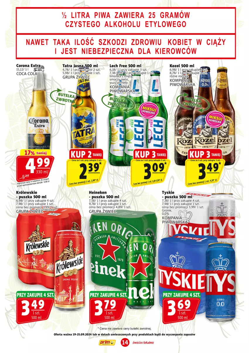 Gazetka promocyjna Prim Market - ważna 19.09 do 25.09.2024 - strona 14 - produkty: Corona Extra, Heineken, Kozel, Królewski, Piwo, Tatra, Tyskie