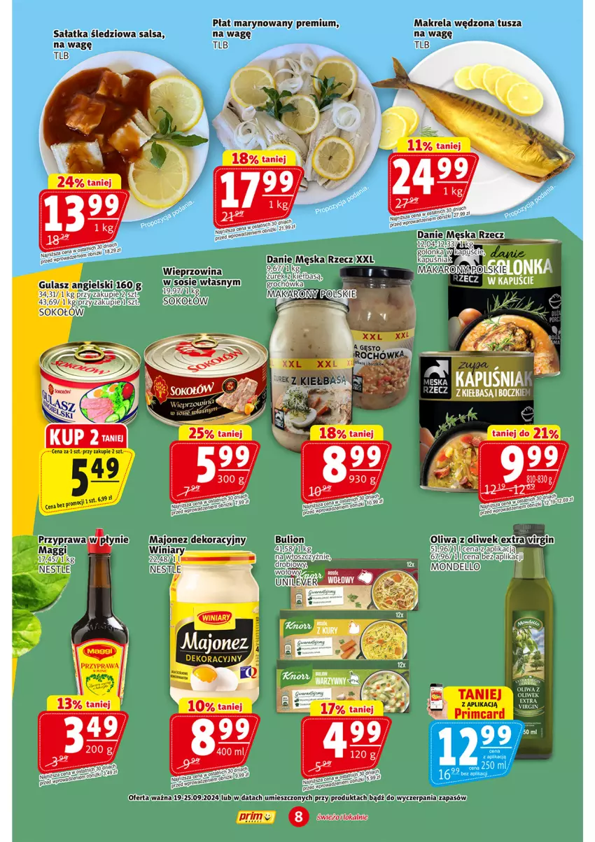 Gazetka promocyjna Prim Market - ważna 19.09 do 25.09.2024 - strona 8 - produkty: Bulion, Dell, Fa, Groch, Lion, Maggi, Majonez, Sałat, Sałatka, Salsa, Sok, Sokołów, Sos, Tusz, Wieprzowina, Winiary