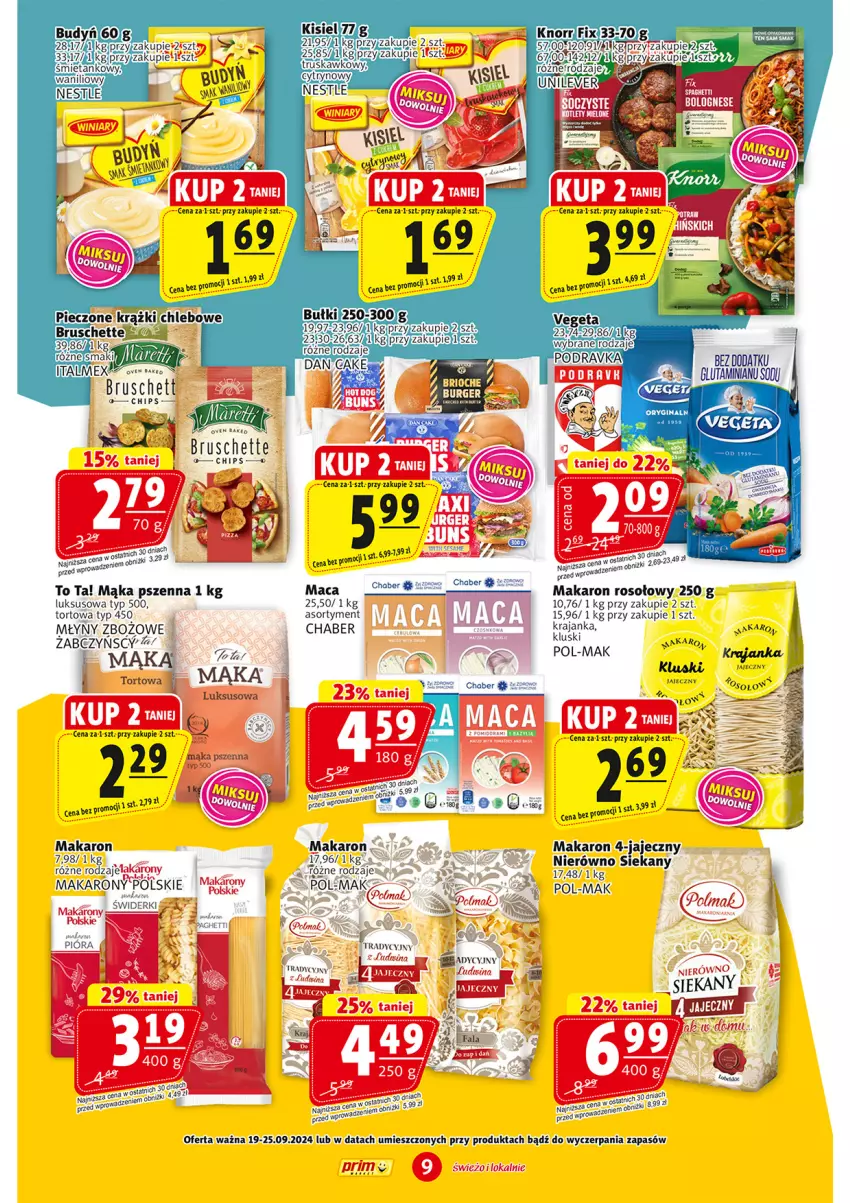 Gazetka promocyjna Prim Market - ważna 19.09 do 25.09.2024 - strona 9 - produkty: Bruschette, Chleb, Dron, Drony, Gin, Mąka, Mąka pszenna, Makaron, Olma, Piec, Podravka, Spaghetti, Vegeta