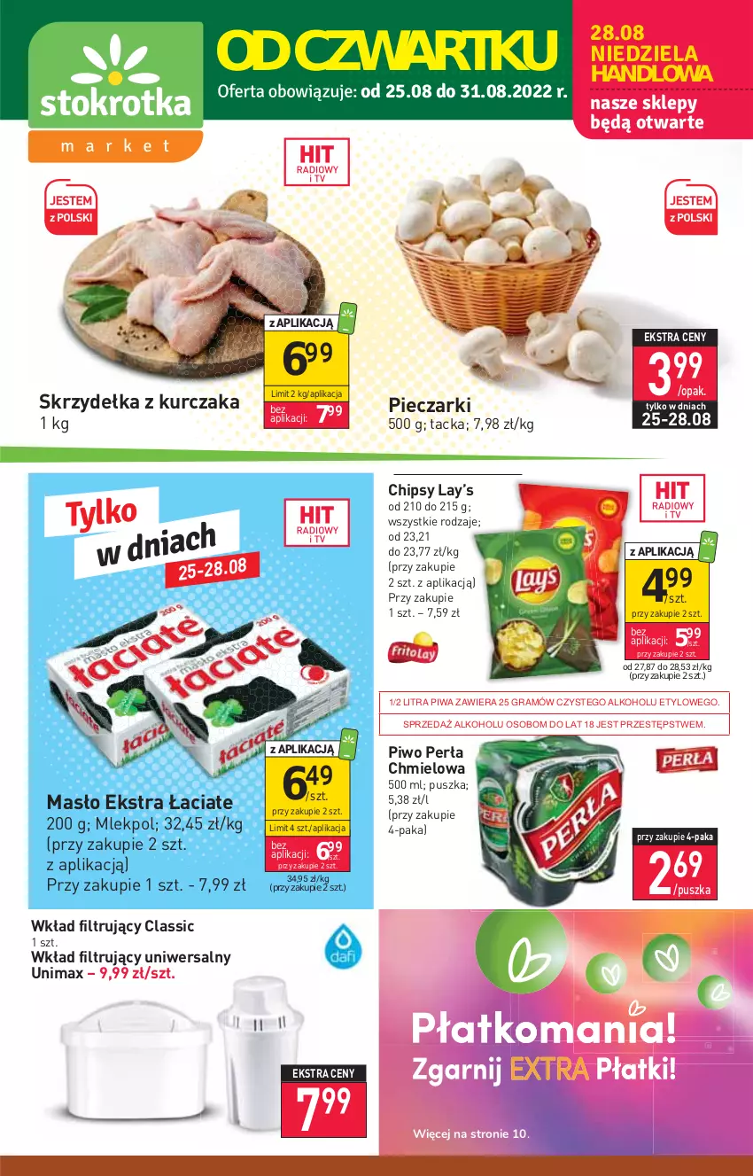 Gazetka promocyjna Stokrotka - Market - ważna 25.08 do 31.08.2022 - strona 1 - produkty: Chipsy, Gra, Kurczak, Lay’s, Masło, Perła, Piec, Piwa, Piwo, Skrzydełka z kurczaka, Wkład filtrujący