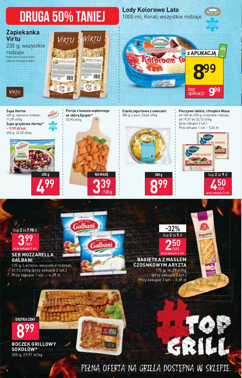 Gazetka promocyjna Stokrotka - Market - ważna 25.08 do 31.08.2022 - strona 4 - produkty: Bagietka, Boczek, Chrupki, Ciasto jogurtowe, Galbani, Grill, Hortex, Jogurt, Lazur, Lody, Mozzarella, Piec, Pieczywo, Por, Ser, Sok, Sokołów, Sos, Virtu, Wasa, Zapiekanka, Zupa