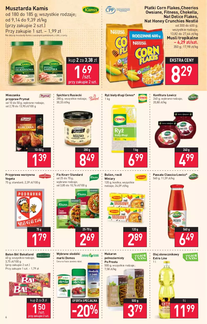 Gazetka promocyjna Stokrotka - Market - ważna 25.08 do 31.08.2022 - strona 6 - produkty: Ba!, Bakalland, Baton, Bulion, Cenos, Cheerios, Corn flakes, Kamis, Knorr, Konfitura, Lion, Makaron, Mus, Musztarda, Nestlé, Olej, Olej słonecznikowy, Prymat, Rosół, Ryż, Ryż biały, Spichlerz Rusiecki, Vegeta, Winiary