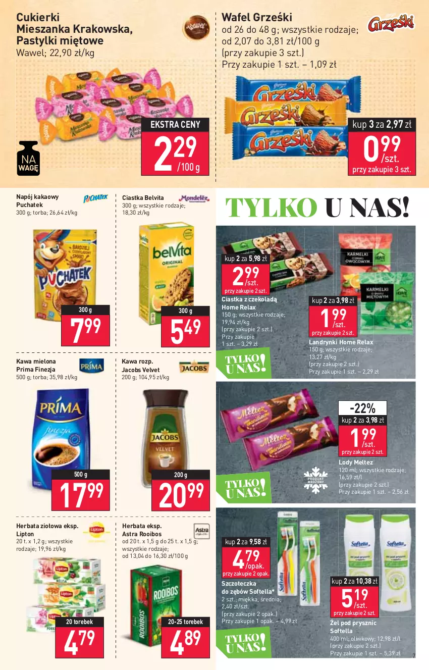 Gazetka promocyjna Stokrotka - Market - ważna 25.08 do 31.08.2022 - strona 7 - produkty: BelVita, Ciastka, Cukier, Cukierki, Grześki, Herbata, Jacobs, Jacobs Velvet, Kakao, Kawa, Kawa mielona, Lipton, Lody, Napój, Pastylki, Prima, Szczoteczka, Szczoteczka do zębów, Torba, Velvet, Wawel