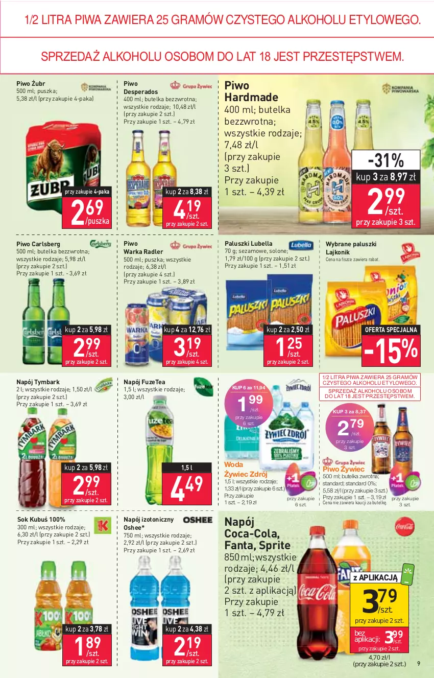 Gazetka promocyjna Stokrotka - Market - ważna 25.08 do 31.08.2022 - strona 9 - produkty: Bell, Bella, Carlsberg, Coca-Cola, Desperados, Fa, Fanta, Gra, Kubuś, Lajkonik, Lubella, Napój, Napój izotoniczny, Oshee, Piwa, Piwo, Radler, Sezam, Sok, Sprite, Tymbark, Warka, Woda