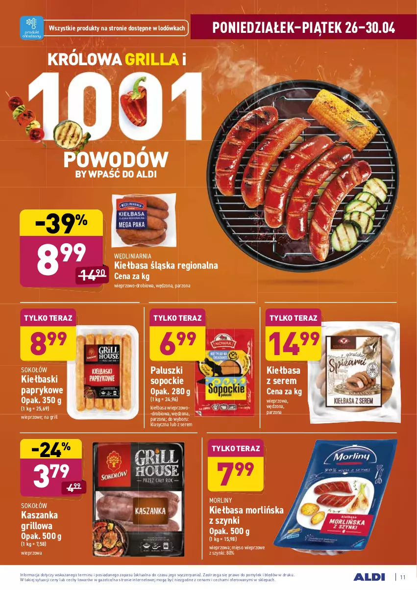 Gazetka promocyjna Aldi - ważna 26.04 do 30.04.2021 - strona 11 - produkty: Grill, Kasza, Kaszanka, Kiełbasa, Kiełbasa śląska, Lodówka, Mięso, Mięso wieprzowe, Morliny, Ser, Sok, Sokołów, Tera