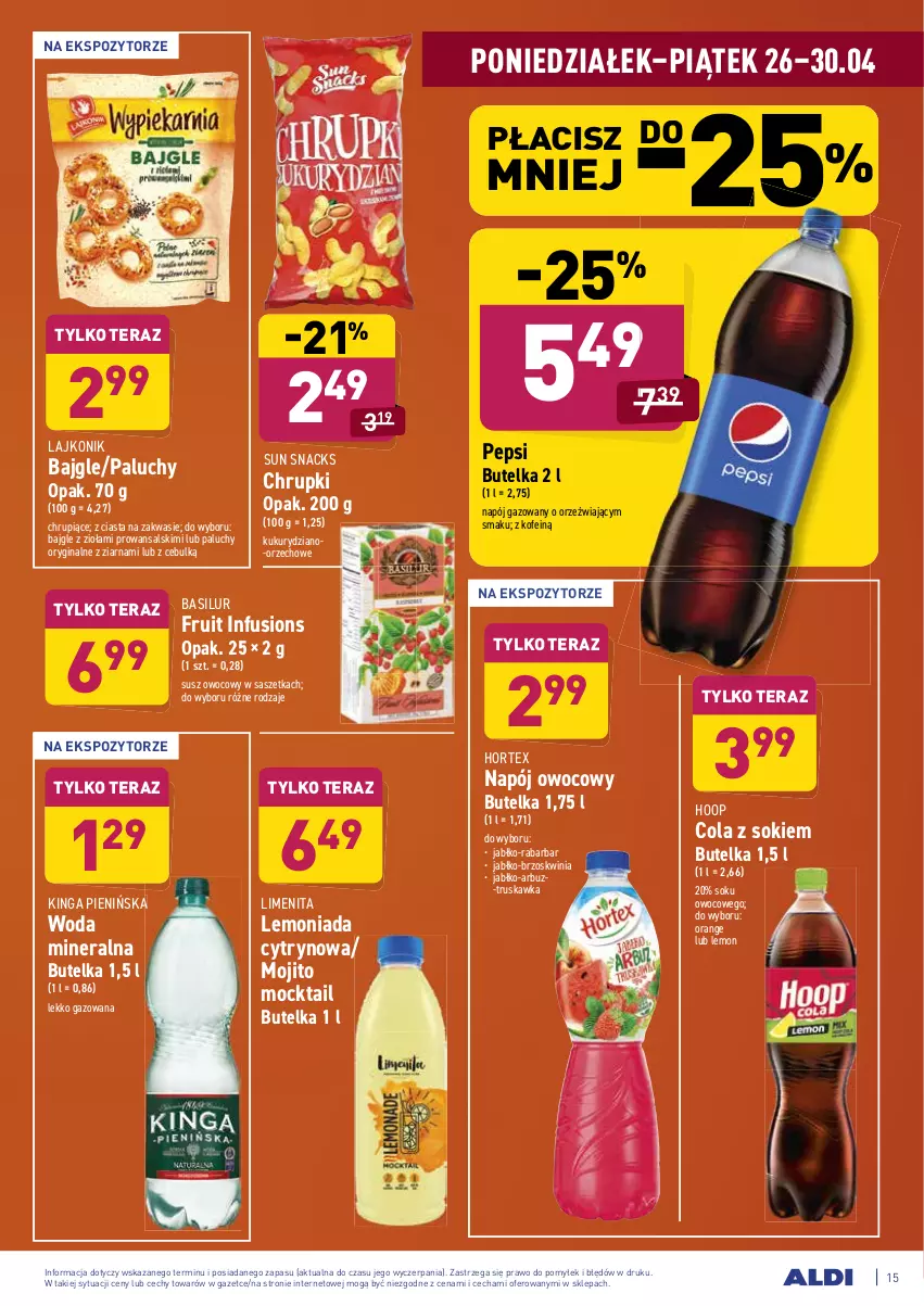 Gazetka promocyjna Aldi - ważna 26.04 do 30.04.2021 - strona 15 - produkty: Arbuz, Bajgle, Chrupki, Fusion, Gin, Hoop, Hortex, Lajkonik, Lemoniada, Napój, Napój gazowany, Pepsi, Sok, Tera, Woda, Woda mineralna