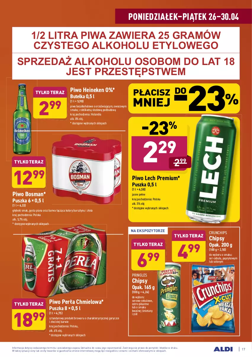 Gazetka promocyjna Aldi - ważna 26.04 do 30.04.2021 - strona 17 - produkty: Bursztyn, Cebula, Chipsy, Crunchips, Gra, Heineken, Lech Premium, Perła, Piwa, Piwo, Pringles, Ser, Tera