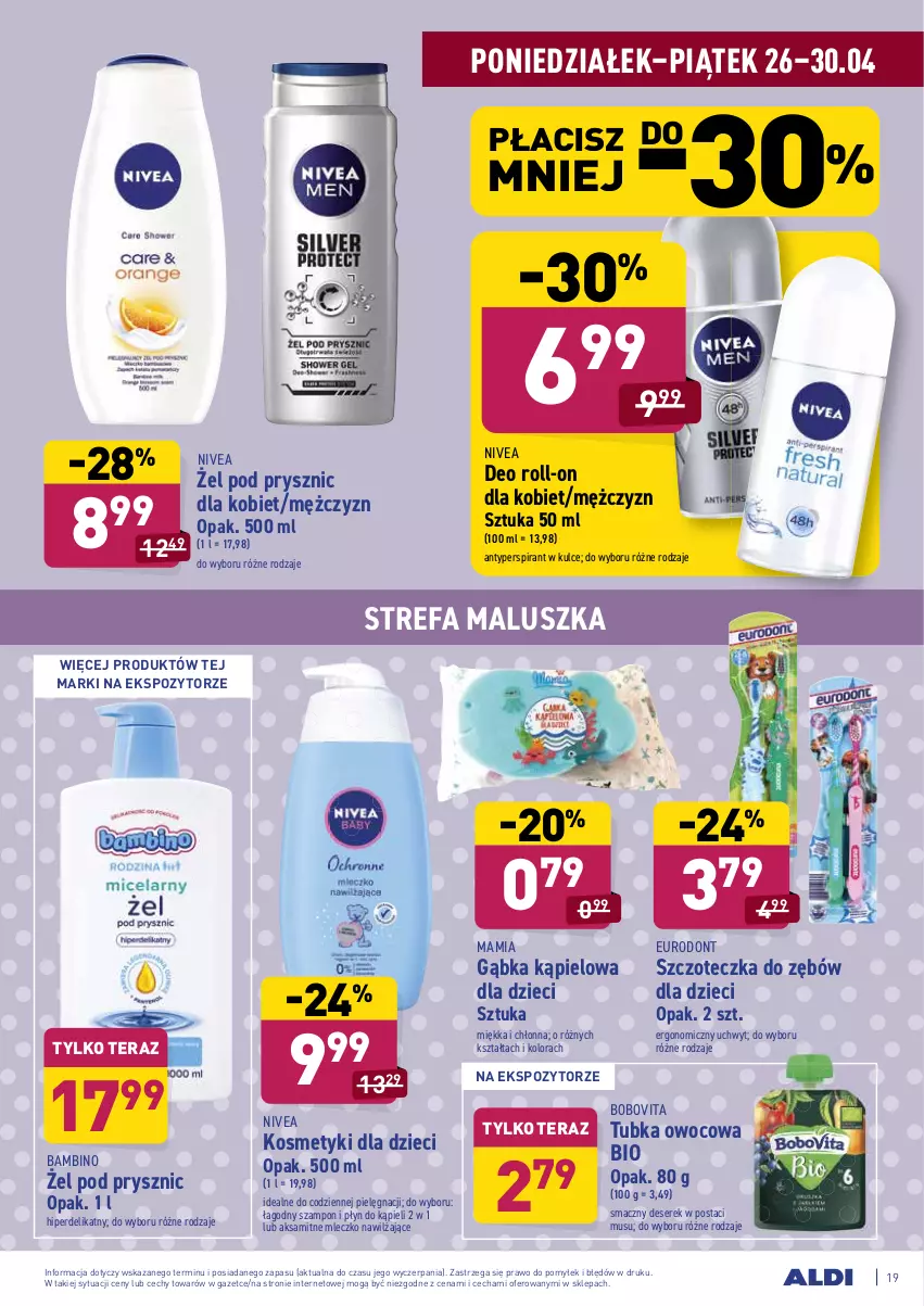 Gazetka promocyjna Aldi - ważna 26.04 do 30.04.2021 - strona 19 - produkty: Aksam, Antyperspirant, BoboVita, Deser, Dzieci, Fa, Kosmetyki dla dzieci, Mleczko, Mus, Nivea, Płyn do kąpieli, Ser, Serek, Szampon, Szczoteczka, Szczoteczka do zębów, Tera