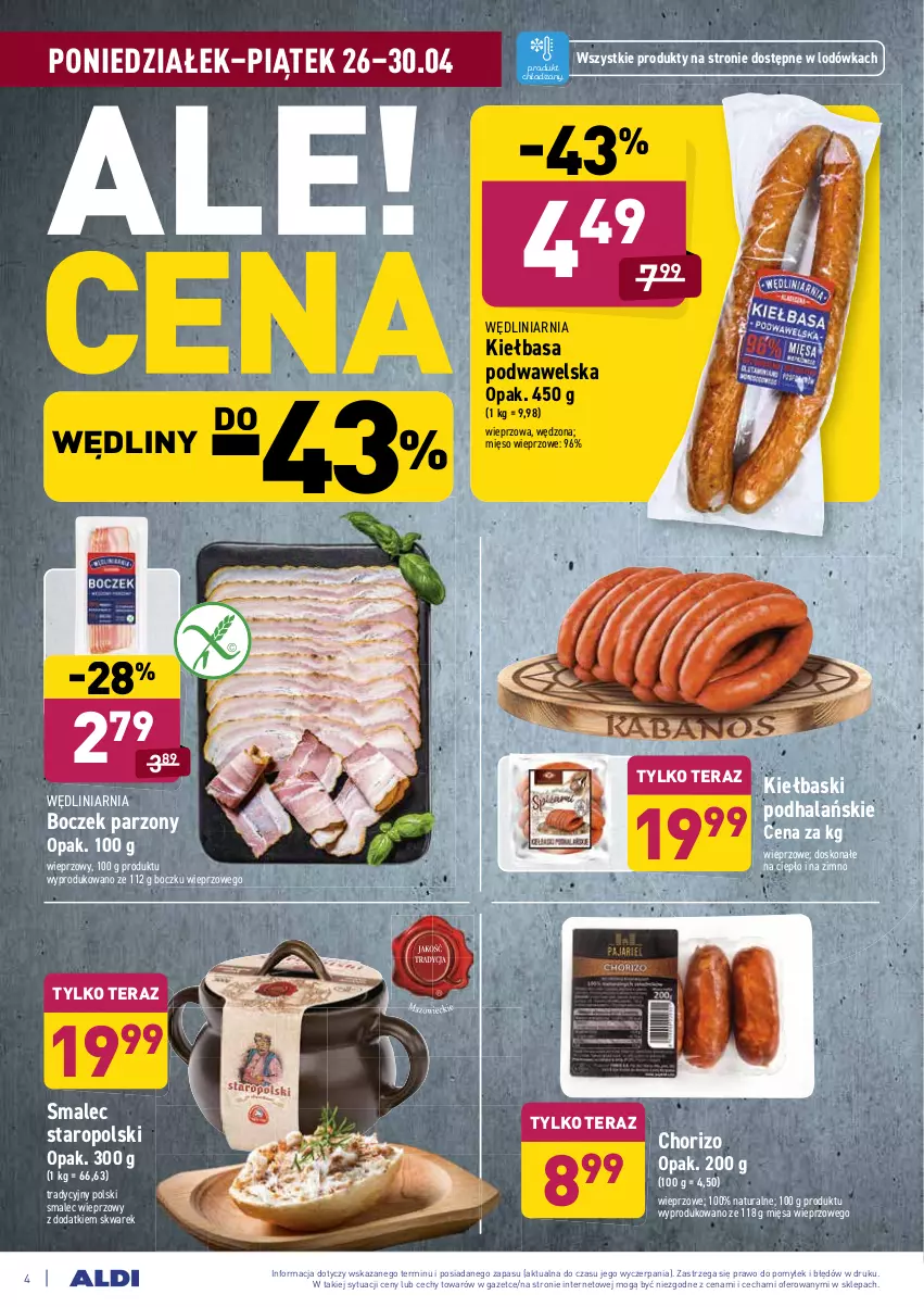 Gazetka promocyjna Aldi - ważna 26.04 do 30.04.2021 - strona 4 - produkty: Boczek, Kiełbasa, Kiełbasa podwawelska, Lodówka, Mięso, Mięso wieprzowe, Smalec, Tera, Wawel