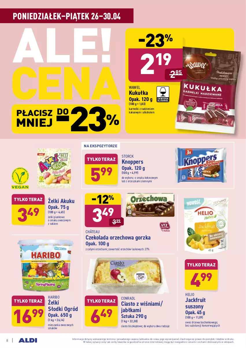 Gazetka promocyjna Aldi - ważna 26.04 do 30.04.2021 - strona 8 - produkty: Alkohole, Czekolada, Czekolada orzechowa, Haribo, Helio, Jabłka, Kakao, Knoppers, Kokos, Ogród, Ser, Sok, Tera, Wawel