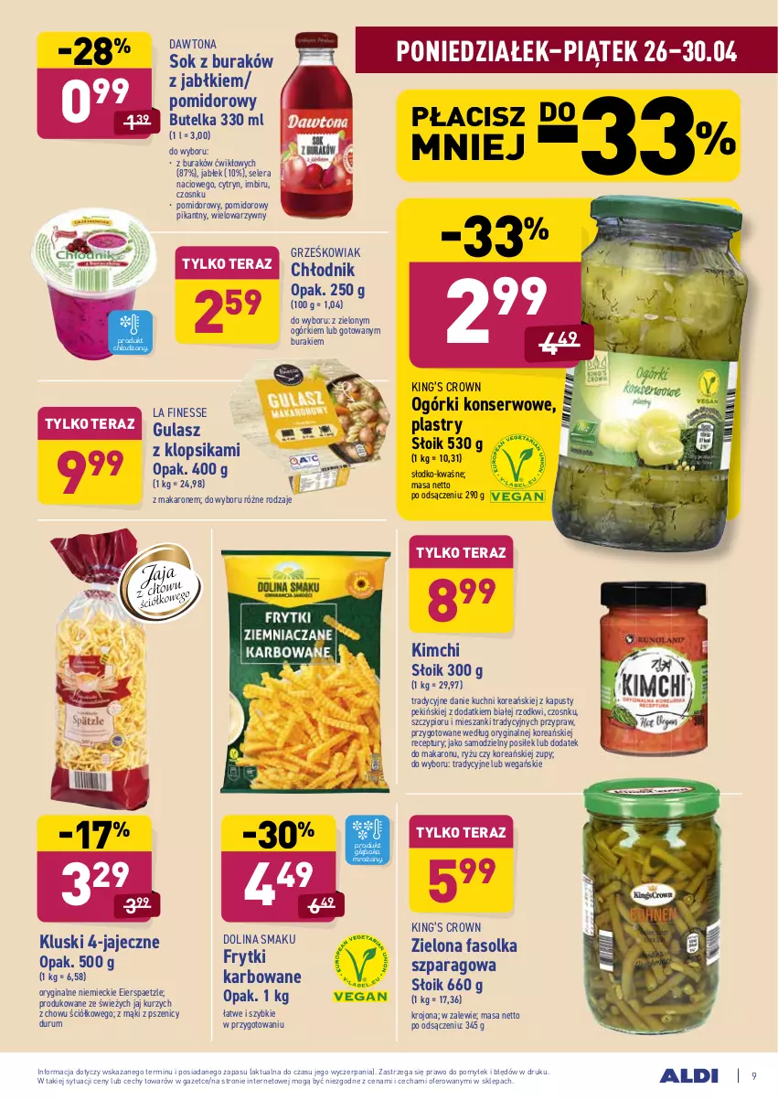 Gazetka promocyjna Aldi - ważna 26.04 do 30.04.2021 - strona 9 - produkty: Buraki, Dawtona, Fa, Frytki, Gin, Imbir, King’s Crown, Makaron, Ogórki konserwowe, Rum, Ryż, Ser, Sok, Tera