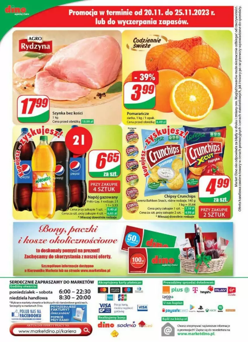 Gazetka promocyjna Dino - ważna 22.11 do 28.11.2023 - strona 21 - produkty: Chipsy, Crunchips, Fa, Lorenz, Napój, Napój gazowany, Pomarańcze, Siatka, Szynka, Tera