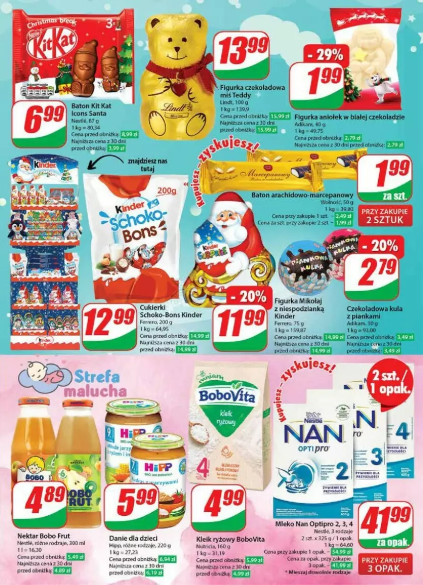 Gazetka promocyjna Dino - ważna 22.11 do 28.11.2023 - strona 24 - produkty: Baton, BoboVita, Cukier, Cukierki, Danie dla dzieci, Dzieci, Fa, Ferrero, HiPP, Kinder, Kit Kat, Lindt, Mleko, NAN Optipro, Nektar, Ryż