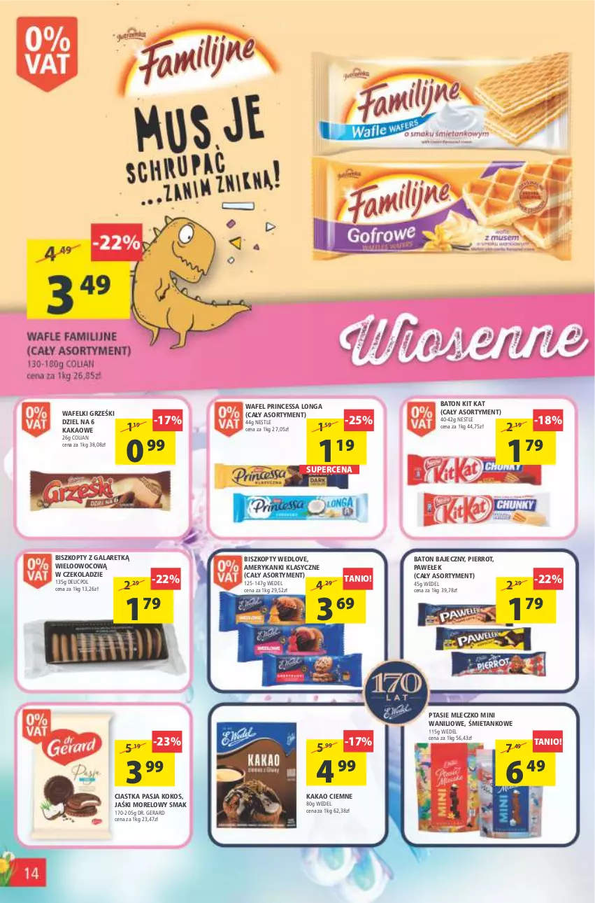 Gazetka promocyjna Arhelan - Gazetka - ważna 22.04 do 03.05.2022 - strona 14 - produkty: Baton, Biszkopty, Ciastka, Gala, Grześki, Kakao, Kit Kat, Kokos, Mleczko, Princessa, Ptasie mleczko