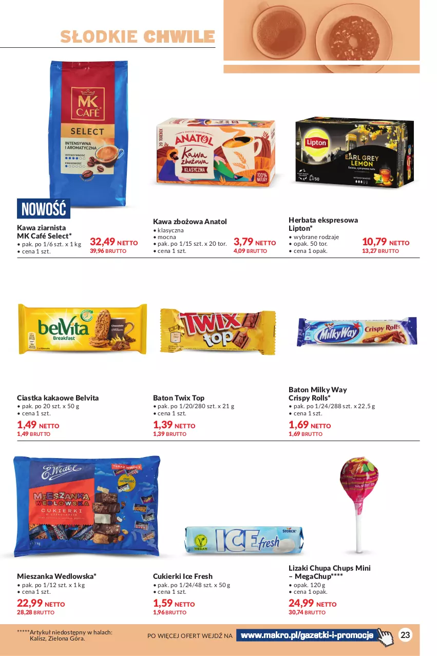 Gazetka promocyjna Makro - Wszystko dla biznesu i domu - ważna 22.08 do 04.09.2023 - strona 23 - produkty: Baton, BelVita, Chupa Chups, Ciastka, Cukier, Cukierki, Herbata, Kakao, Kawa, Kawa zbożowa, Kawa ziarnista, Lipton, Lizaki, Mieszanka wedlowska, Milky Way, Top, Twix