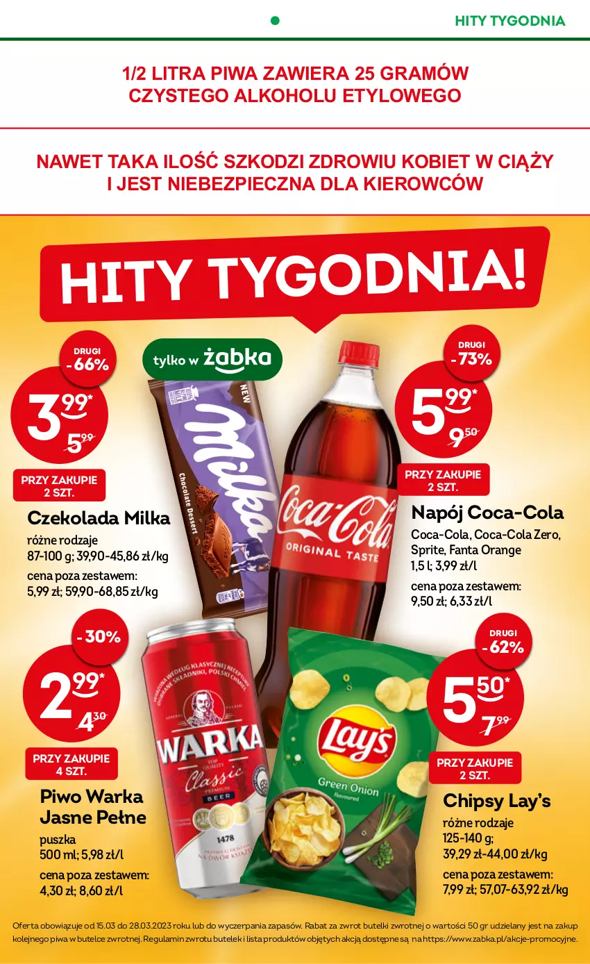 Gazetka promocyjna Żabka - ważna 15.03 do 21.03.2023 - strona 3 - produkty: Chipsy, Coca-Cola, Czekolada, Fa, Fanta, Gra, Lay’s, Milka, Napój, Olej, Piec, Piwa, Piwo, Sprite, Warka