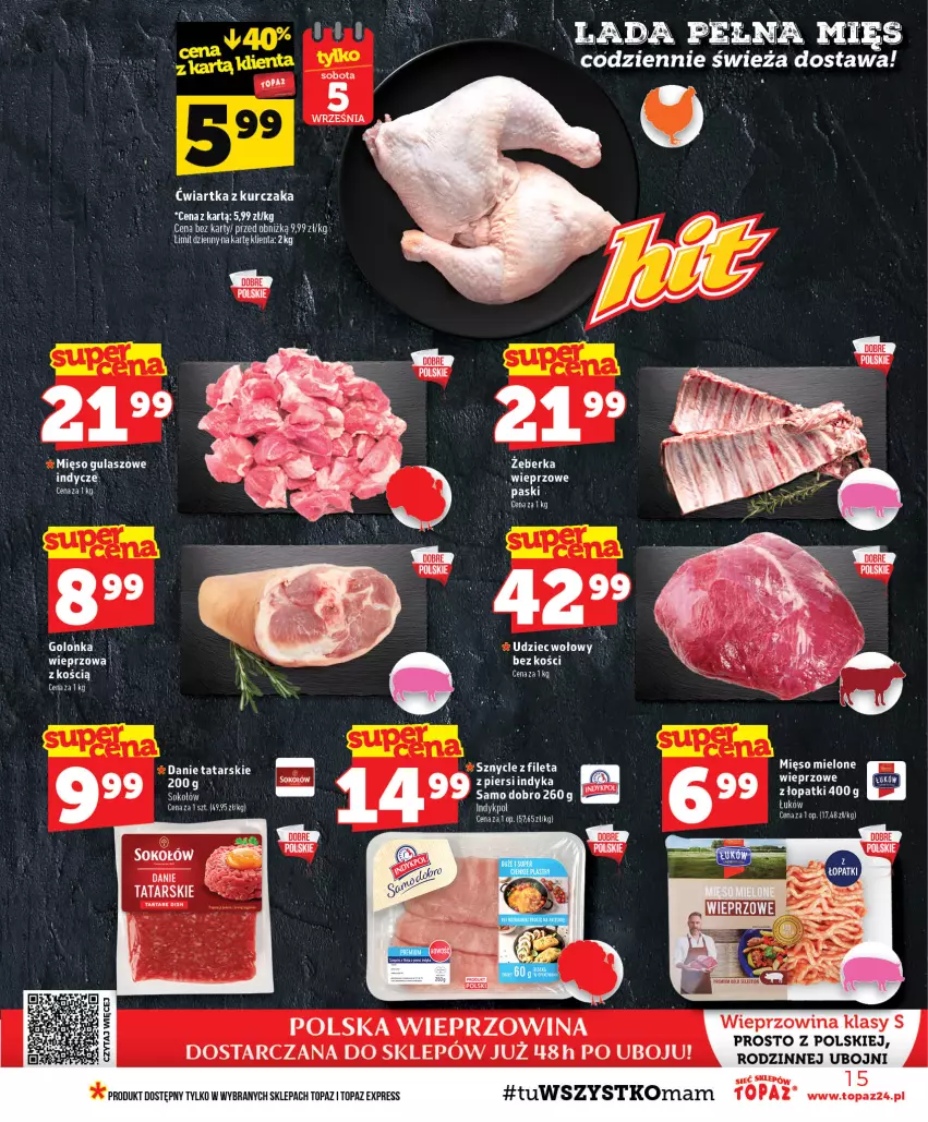 Gazetka promocyjna Topaz - Gazetka - ważna 03.09 do 09.09.2026 - strona 15 - produkty: LEGO, Mięso, Por, Sok, Sokołów, Tarta, Tartare, Top, Wieniec, Wieprzowina