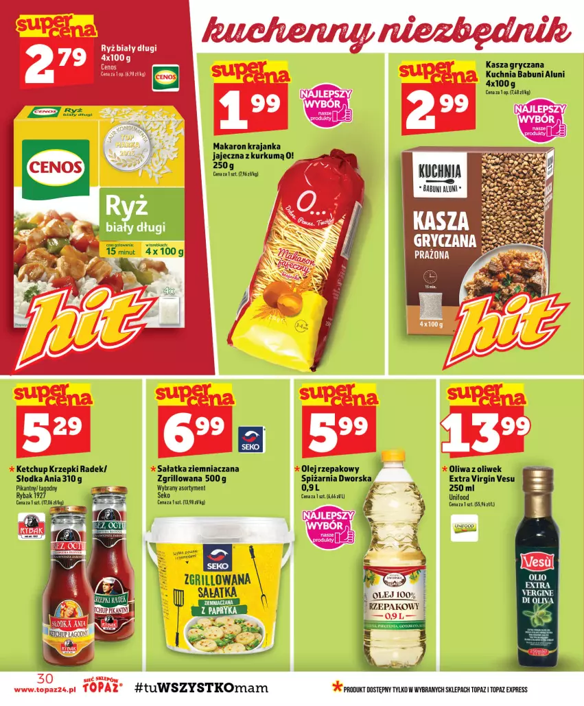 Gazetka promocyjna Topaz - Gazetka - ważna 03.09 do 09.09.2026 - strona 30 - produkty: Babuni, Cenos, Gin, Grill, Gry, Kasza, Kasza gryczana, Ketchup, Kuchnia, Makaron, Olej, Olej rzepakowy, Oliwa z oliwek, Ryba, Ryż, Ryż biały, Sałat, Sałatka, Top, Torebka