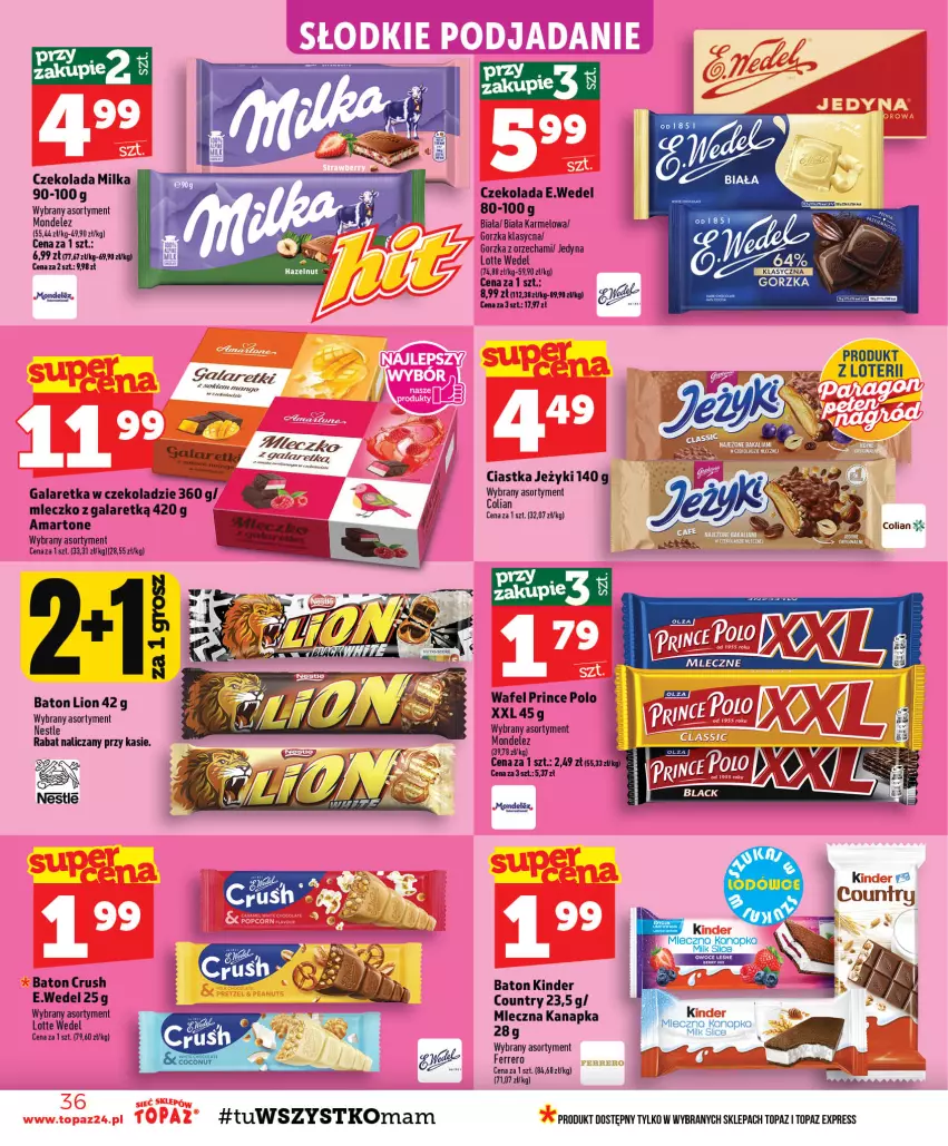 Gazetka promocyjna Topaz - Gazetka - ważna 03.09 do 09.09.2026 - strona 36 - produkty: Baton, Ciastka, Czekolada, Ferrero, Gala, Galaretka, Jeżyki, Kinder, Lion, Milka, Mleczko, Mleczna kanapka, Prince Polo, Sok, Sól, Top