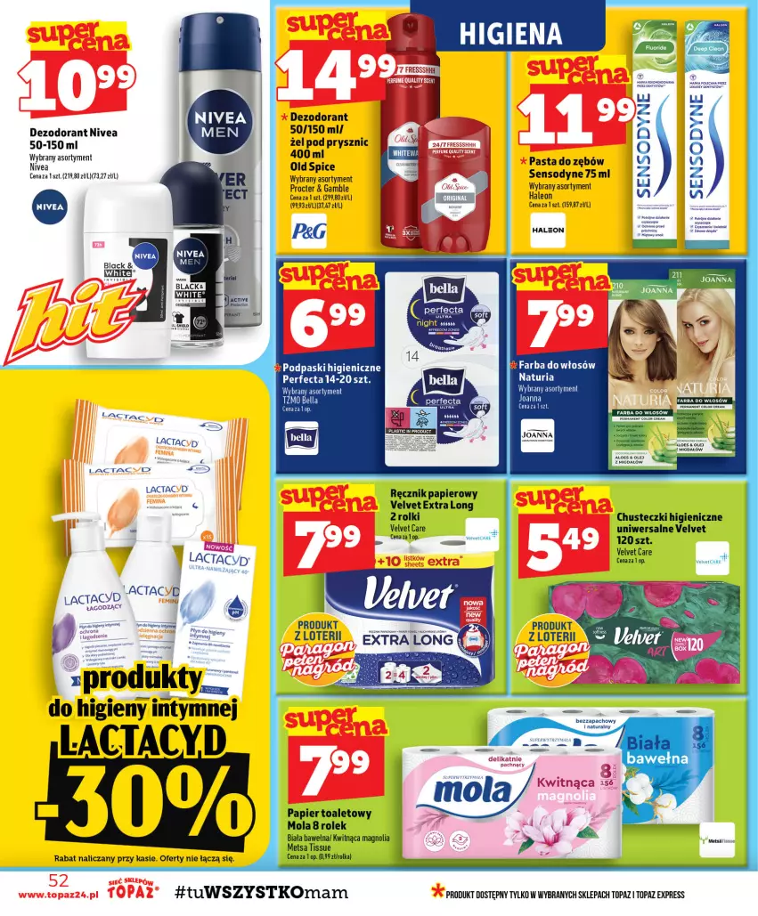 Gazetka promocyjna Topaz - Gazetka - ważna 03.09 do 09.09.2026 - strona 52 - produkty: Bell, Bella, Chusteczki, Dezodorant, Lactacyd, Leon, Mola, Nivea, Old Spice, Papier, Papier toaletowy, Perfecta, Podpaski, Ręcznik, Rolki, Sensodyne, Top, Velvet, Wełna