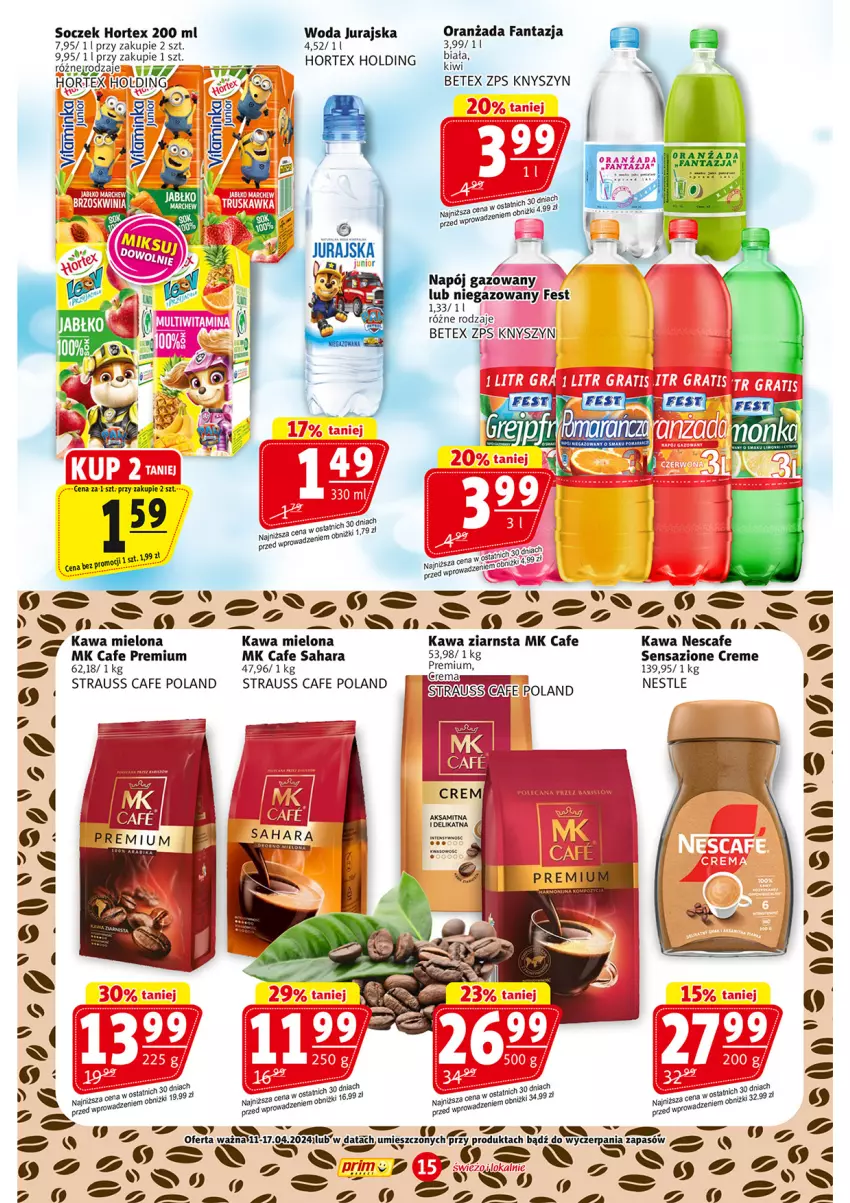 Gazetka promocyjna Prim Market - ważna 11.04 do 17.04.2024 - strona 15 - produkty: Fa, Fanta, Hortex, Kawa, Kawa mielona, Napój, Napój gazowany, Oranżada, Woda