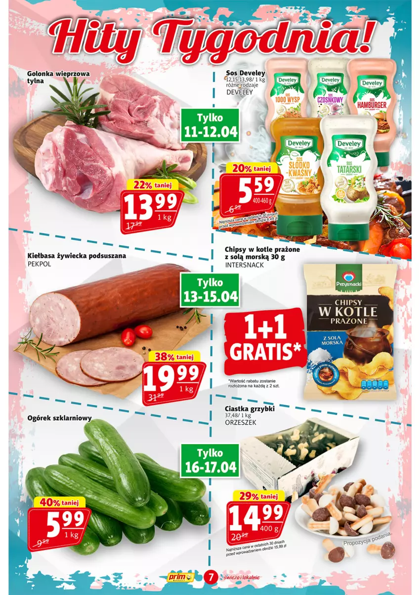 Gazetka promocyjna Prim Market - ważna 11.04 do 17.04.2024 - strona 7 - produkty: Chipsy, Ciastka, Golonka wieprzowa, Kiełbasa, Pekpol, Sos