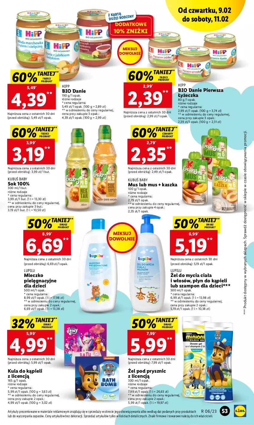 Gazetka promocyjna Lidl - GAZETKA - ważna 09.02 do 11.02.2023 - strona 57 - produkty: Dzieci, HiPP, Kubuś, Kula do kąpieli, Mleczko, Mus, Płyn do kąpieli, Sok, Szampon