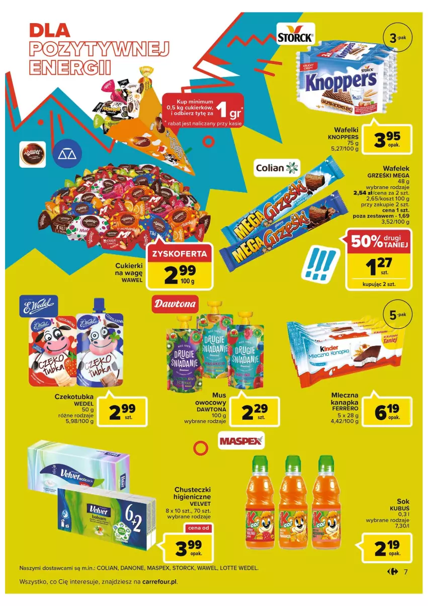 Gazetka promocyjna Carrefour - Gazetka Carrefour - ważna 16.08 do 28.08.2022 - strona 7 - produkty: Chusteczki, Cukier, Cukierki, Danone, Dawtona, Ferrero, Grześki, Knoppers, Kosz, Mus, Velvet, Wafelek, Wawel