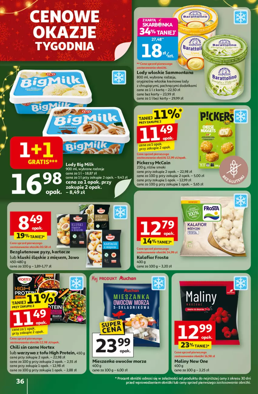 Gazetka promocyjna Auchan - Gazetka Święta jak babcię kocham Hipermarket Auchan - ważna 27.11 do 03.12.2025 - strona 36 - produkty: Big Milk, Frosta, Gin, Hortex, Kalafior, Lody, Maliny, McCain, Pizza, Tofu, Warzywa