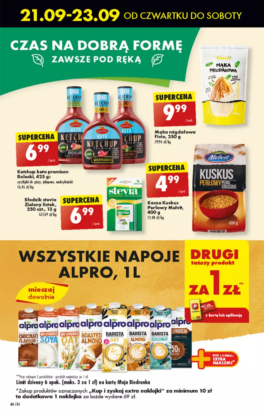 Gazetka promocyjna Biedronka - Od czwartku - ważna 21.09 do 27.09.2023 - strona 40 - produkty: Alpro, Dron, Kasza, Ketchup, Klej, Kuskus, Mąka, Melvit, Napoje