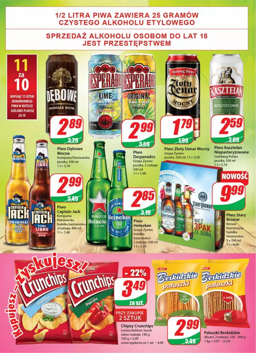 Gazetka promocyjna Dino - Gazetka - ważna 21.04 do 20.04.2021 - strona 14 - produkty: Aksam, Beskidzki, Captain Jack, Carlsberg, Chipsy, Crunchips, Desperados, Heineken, Kasztelan, Piwo