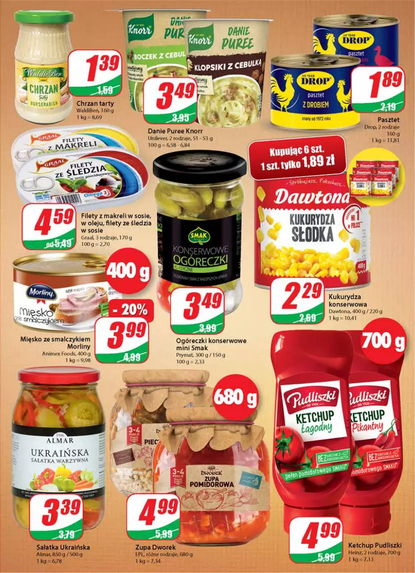 Gazetka promocyjna Dino - Gazetka - ważna 21.04 do 20.04.2021 - strona 7 - produkty: Dawtona, Gra, Graal, Heinz, Ketchup, Knorr, Kukurydza, Kukurydza konserwowa, LG, Morliny, Olej, Pasztet, Prymat, Pudliszki, Pur, Sałat, Sałatka, Ser, Sos, Zupa