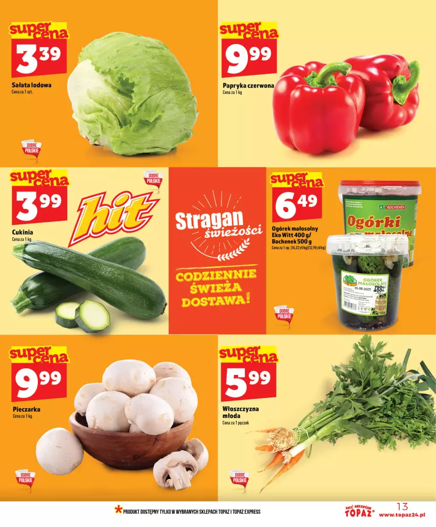 Gazetka promocyjna Topaz - Gazetka - ważna 18.06 do 24.06.2026 - strona 13 - produkty: Ogórek, Papryka, Papryka czerwona, Piec, Pieczarka, Sałat, Sałata lodowa, Top
