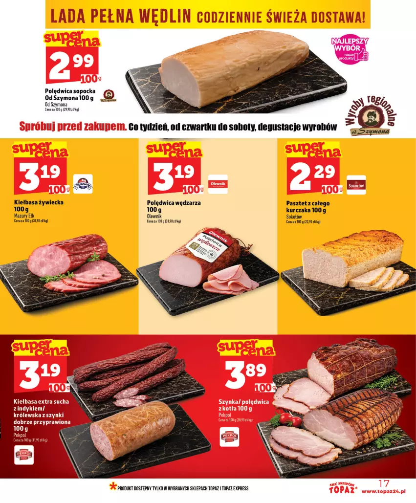 Gazetka promocyjna Topaz - Gazetka - ważna 18.06 do 24.06.2026 - strona 17 - produkty: Kiełbasa, Kurczak, Olewnik, Pasztet, Polędwica, Sok, Sokołów, Top