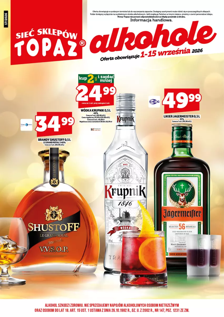 Gazetka promocyjna Topaz - Gazetka - ważna 01.09 do 15.09.2026 - strona 3 - produkty: Acer, Brandy, Gra, Jagermeister, Krupnik, Likier, Top, Wódka