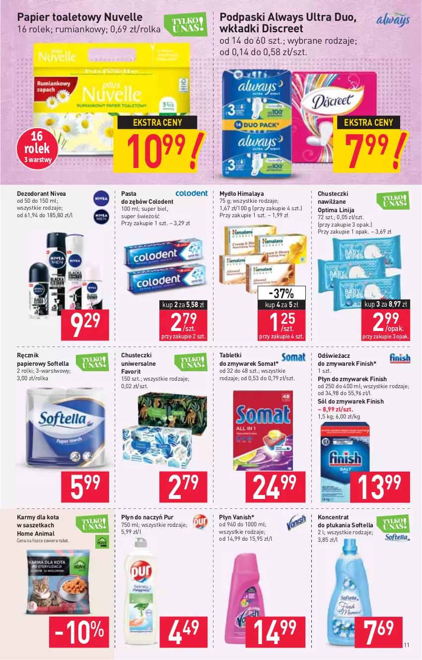 Gazetka promocyjna Stokrotka - Market - ważna 04.11 do 09.11.2021 - strona 11 - produkty: Always, Always Ultra, Chusteczki, Dezodorant, Discreet, Fa, Finish, Himalaya, Mydło, Nivea, Optima, Papier, Papier toaletowy, Pasta do zębów, Podpaski, Pur, Ręcznik, Rolki, Rum, Sól, Somat, Tablet, Vanish, Wkładki