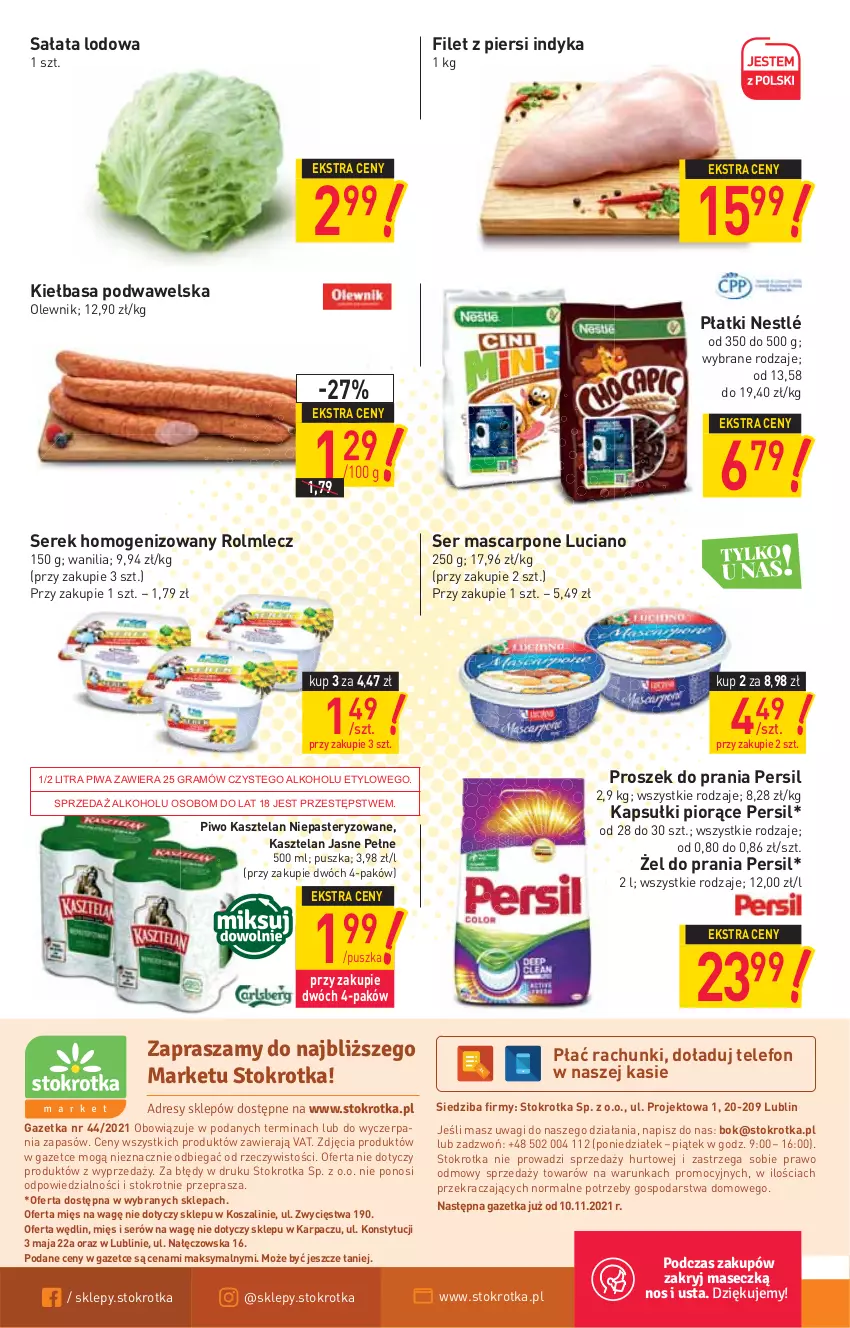 Gazetka promocyjna Stokrotka - Market - ważna 04.11 do 09.11.2021 - strona 12 - produkty: Filet z piersi indyka, Gra, Karp, Kasztelan, Kiełbasa, Kiełbasa podwawelska, Kosz, Mascarpone, Nestlé, O nas, Olewnik, Persil, Piwa, Piwo, Proszek do prania, Rolmlecz, Sałat, Sałata lodowa, Ser, Serek, Serek homogenizowany, Szal, Telefon, Wagi, Wawel