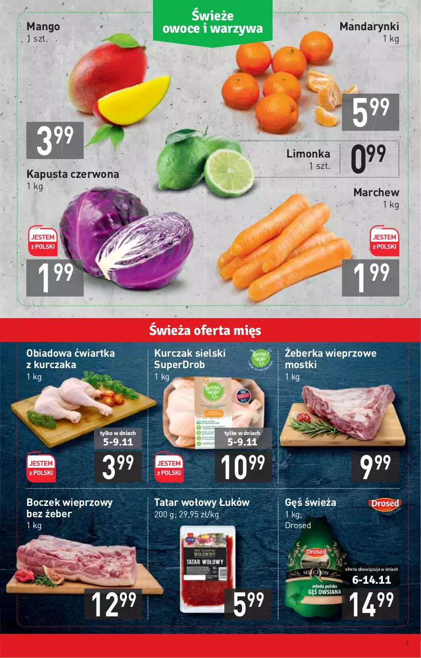 Gazetka promocyjna Stokrotka - Market - ważna 04.11 do 09.11.2021 - strona 3 - produkty: Boczek, Boczek wieprzowy, Kurczak, Limonka, Mandarynki, Mango, Tatar wołowy