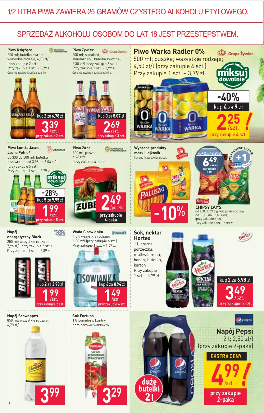 Gazetka promocyjna Stokrotka - Market - ważna 04.11 do 09.11.2021 - strona 6 - produkty: Chipsy, Cisowianka, Fortuna, Gra, Hortex, Książęce, Lack, Lajkonik, Lay’s, Napój, Napój energetyczny, Nektar, Pepsi, Piwa, Piwo, Por, Radler, Schweppes, Sok, Warka, Woda