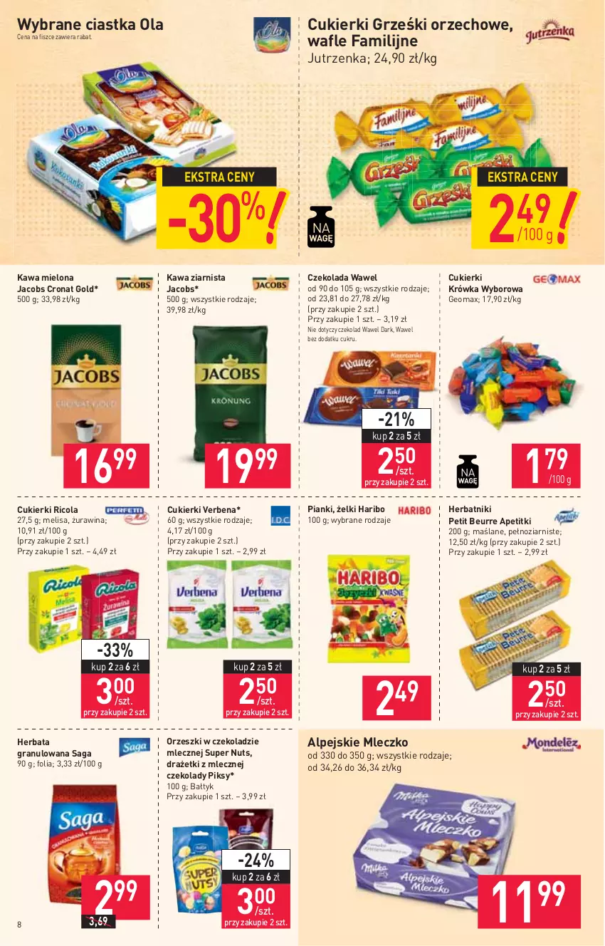 Gazetka promocyjna Stokrotka - Market - ważna 04.11 do 09.11.2021 - strona 8 - produkty: Ciastka, Cukier, Cukierki, Czekolada, Fa, Gra, Grześki, Haribo, Herbata, Herbatniki, Herbatniki Petit Beurre, Jacobs, Jutrzenka, Kawa, Kawa mielona, Kawa ziarnista, Mleczko, Orzeszki, Saga, Wafle, Wawel, Wyborowa