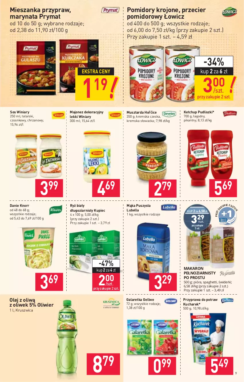 Gazetka promocyjna Stokrotka - Market - ważna 04.11 do 09.11.2021 - strona 9 - produkty: Bell, Bella, Chrzan, Gala, Galaretka, Ketchup, Knorr, Kucharek, Kupiec, LG, Lubella, Majonez, Mąka, Makaron, Mus, Musztarda, Olej, Piec, Pomidory, Pomidory krojone, Prymat, Przyprawa do potraw, Pudliszki, Ryż, Ryż biały, Sos, Winiary