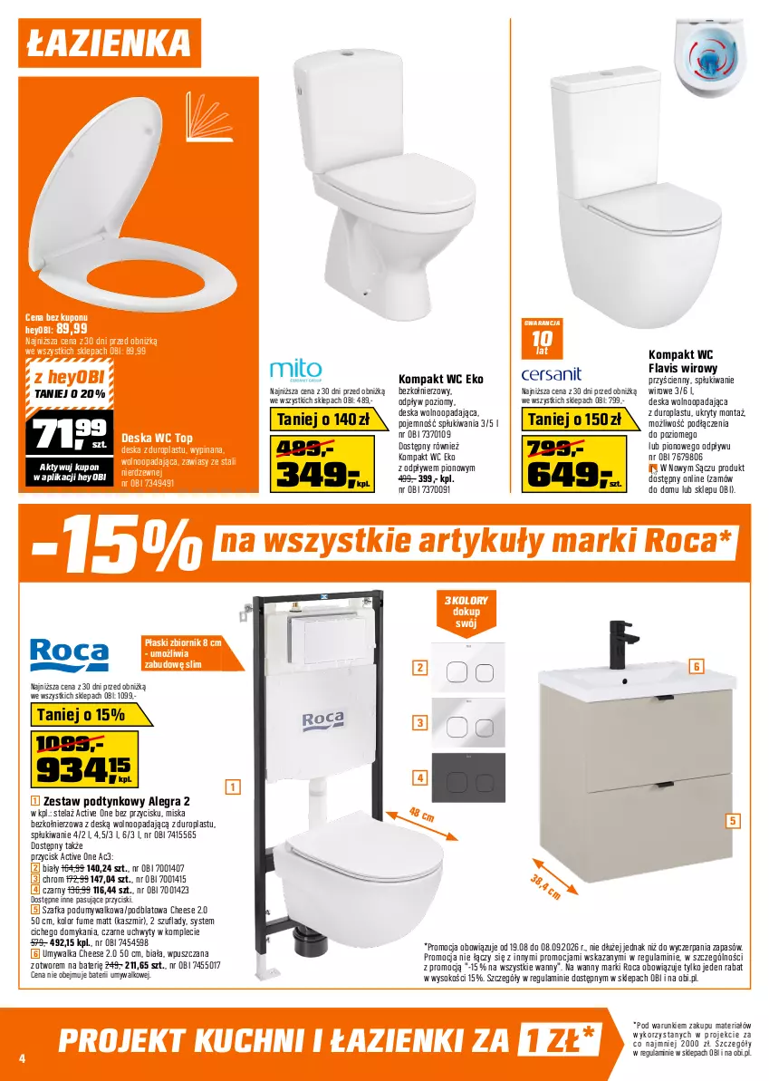 Gazetka promocyjna Obi - Gazetka OBI - ważna 19.08 do 08.09.2026 - strona 4 - produkty: Alegra, Bateria, Bateria umywalkowa, Deska wolnoopadająca, Fa, Gra, Kompakt WC, Kosz, Lakier, Meble, Meble łazienkowe, Miska, Ser, Słupek, Sok, Szafka, Tablet, Top, Uchwyty, Umywalka