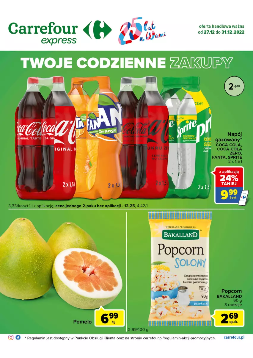 Gazetka promocyjna Carrefour - Gazetka Express - ważna 27.12 do 31.12.2022 - strona 1 - produkty: Bakalland, Coca-Cola, Fa, Fanta, Napój, Pomelo, Popcorn, Sprite